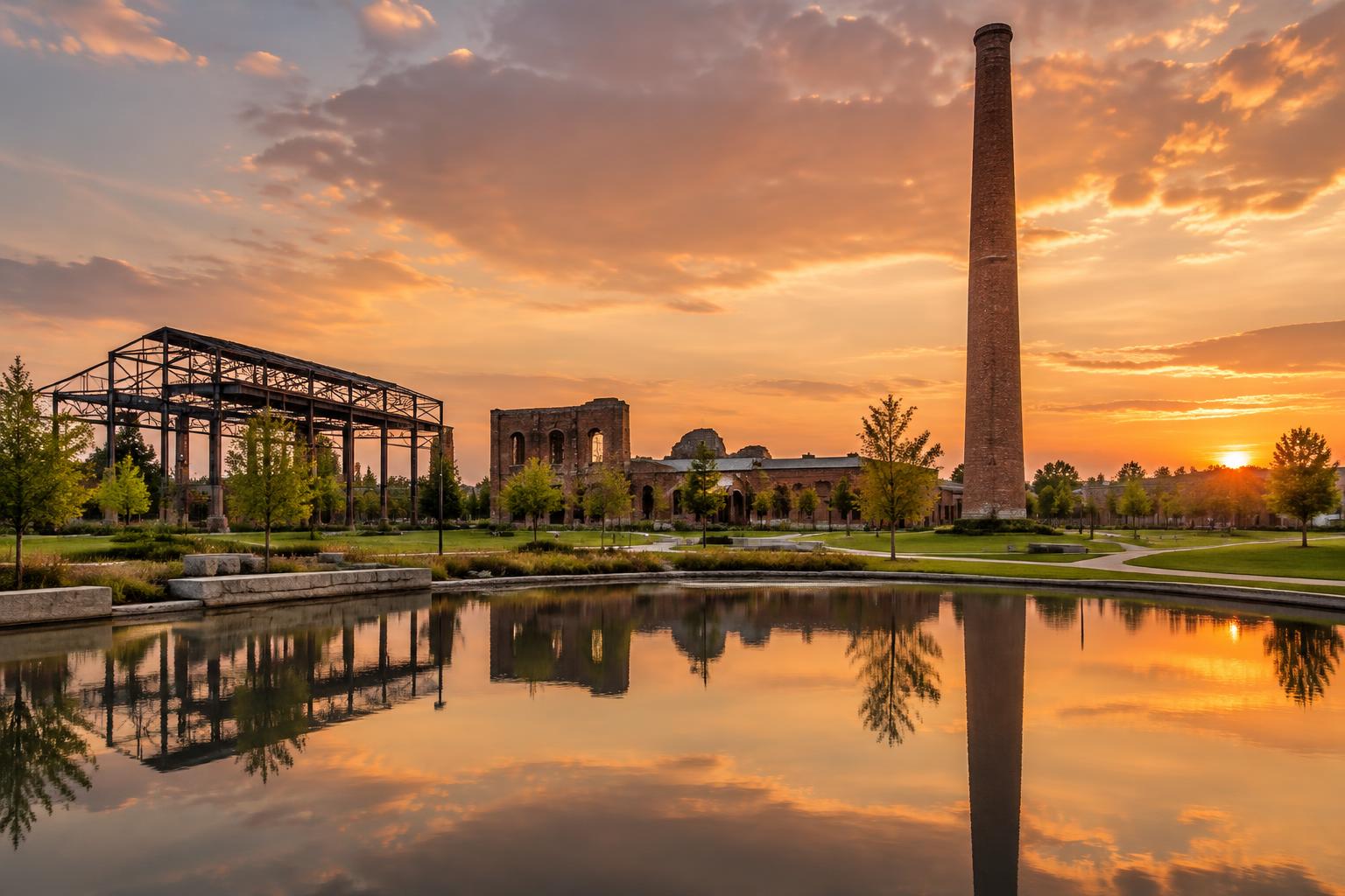 Illustrative sunset park scene with a brick smokestack, reflecting pool and old industrial ruins