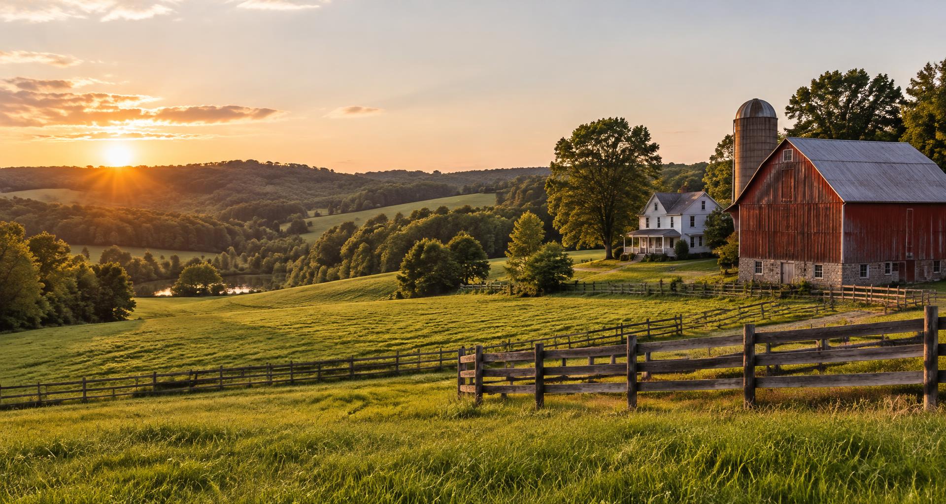 Rolling Ohio farmland with a red barn and farmhouse